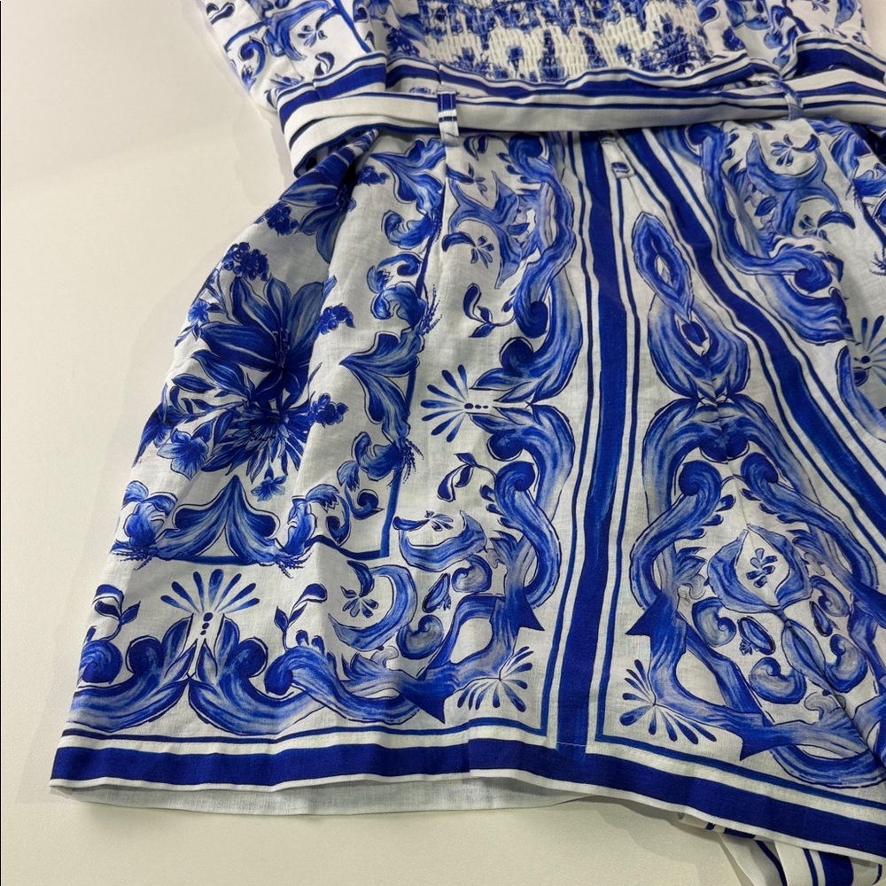 FARM Rio Blue and White Floral Stripe Belted Romper - Picture 11 of 14